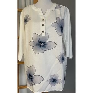 Mislook Linen Floral Blouse Womens XL White Blue Oversized Boho Cottagecore City